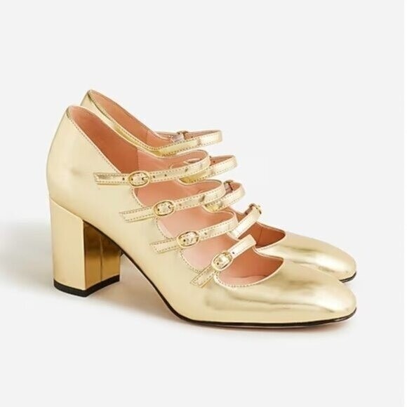 J.Crew Shoes - J.Crew Gold Metallic Leather Multi-Strap Mary‎ Jane Block Heel Pumps | Size 8
